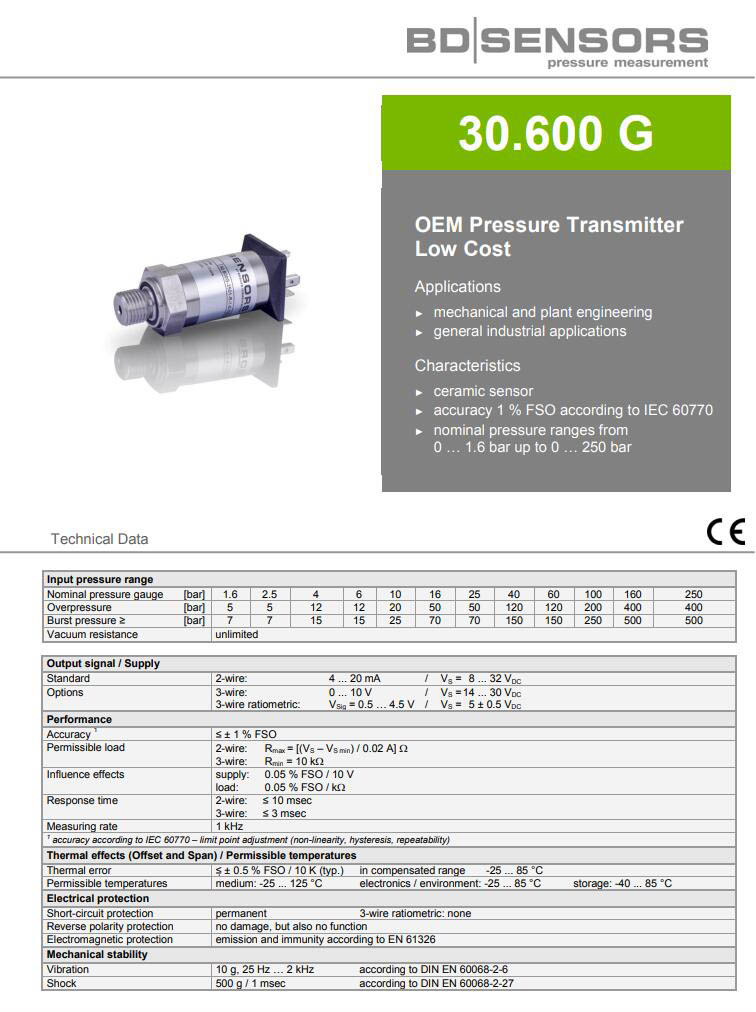 BD SENSORS 30.600g 壓力傳送器